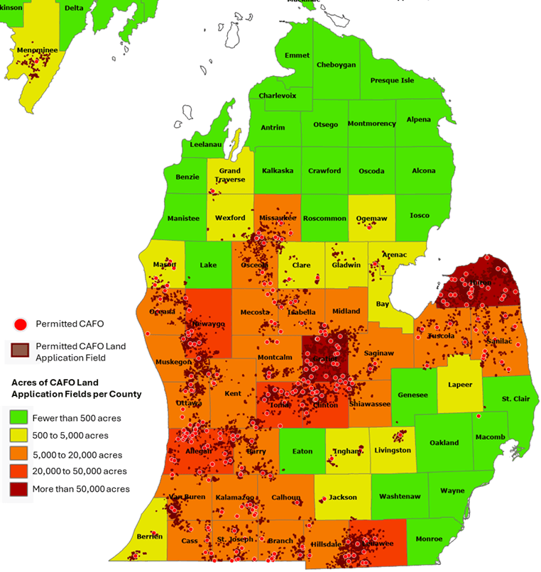 County map of lower Michigan. Counties are color-coded by acres of permitted CAFO land-application fields. 